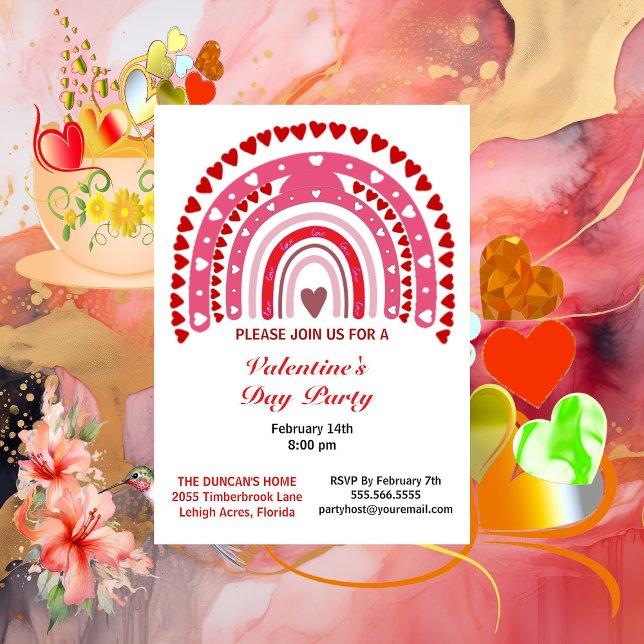 Convites Partido Romântico dos Corações do Dia de os namora (Romantic Rainbow Valentines Day Hearts Party Invitation)
