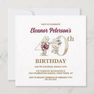 Convites Partido rosa Floral E aniversário de 40 anos