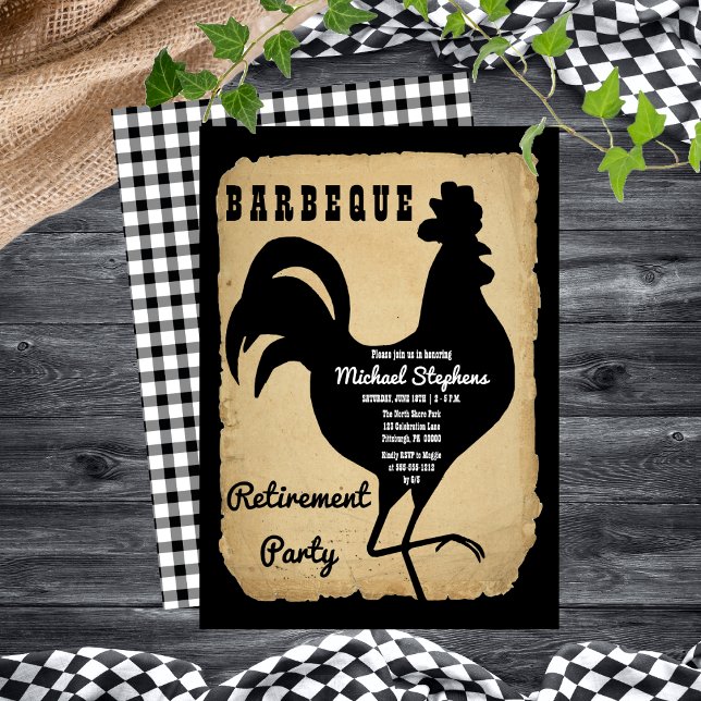 Convites Partido Russo do Aposentamento de Frango Barbeque (Rustic Country Rooster Chicken BBQ Retirement Party Invitation)