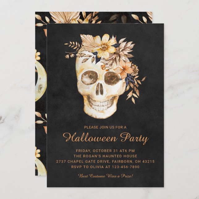 Convites Partido Rustic Floral Skull Halloween (Frente/Verso)
