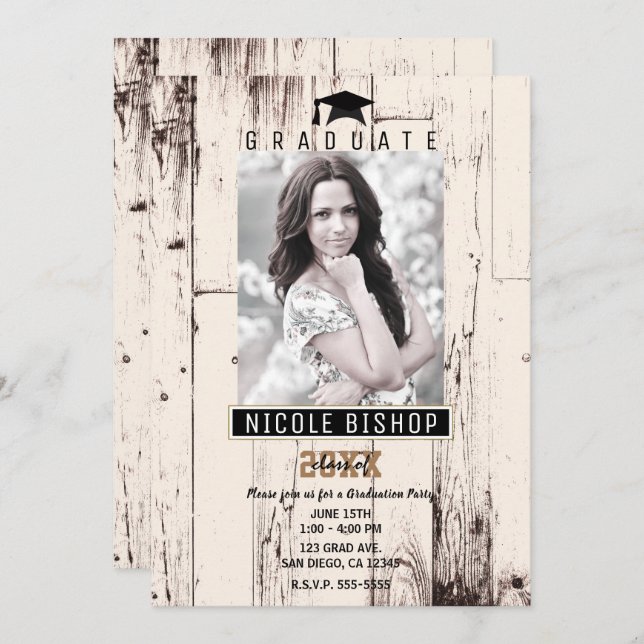 Convites Partido Rustic Ivory Barn Wood Graduation (Frente/Verso)