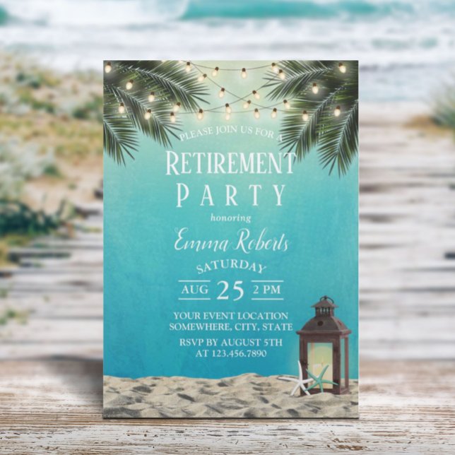 Convites Partido Rustic Lantern Beach Palm Retirement Party (Criador carregado)