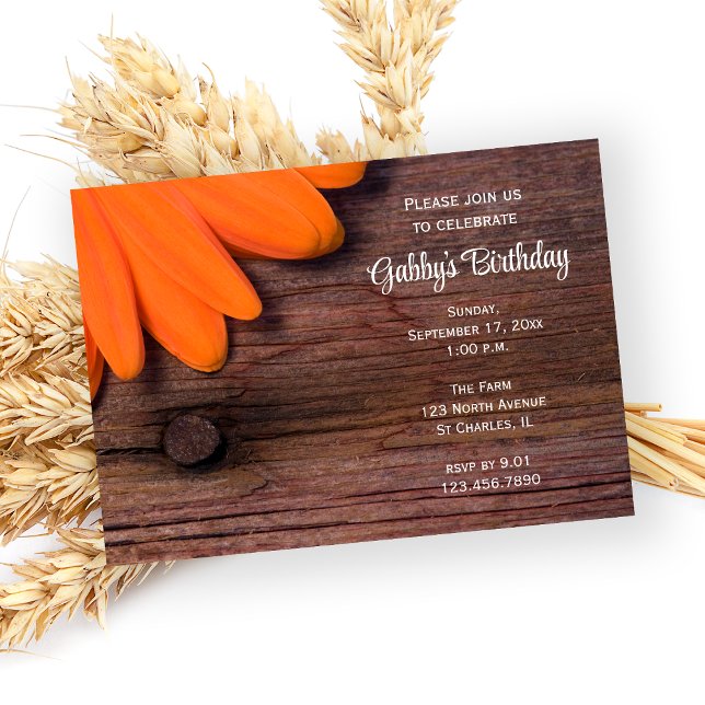 Convites Partido Rustic Orange Daisy Birthday Barn (Criador carregado)