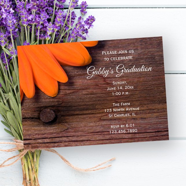 Convites Partido Rustic Orange Daisy Graduation Barn (Criador carregado)