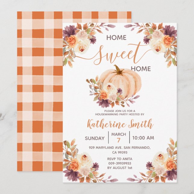 Convites Partido Rustic Orange Pumpkin Floral Housearming P (Frente/Verso)