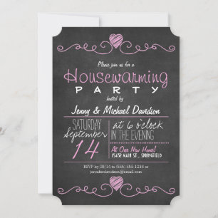 Convites Partido Rustic Pink & White Chalkboard Housearming