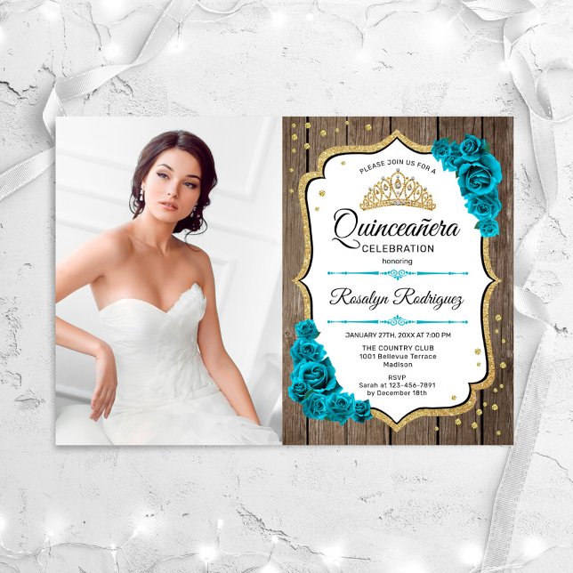 Convites Partido Rustic Quinceanera Com Foto - Dourado Teal (Criador carregado)