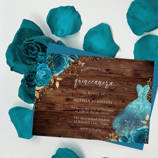 Convites Partido Rustic Teal Sparkle Rosa Quinceanera (Criador carregado)