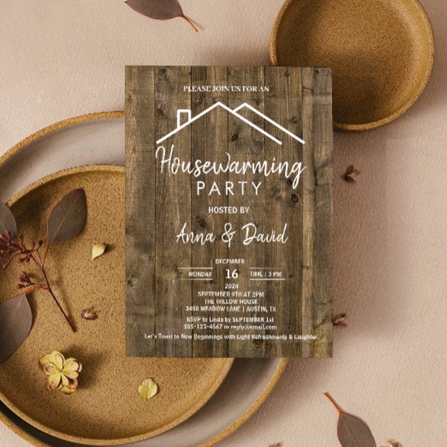 Convites Partido Rustic Vintage Woodgrain Modern Housearmin (Rustic Vintage Woodgrain Modern Housewarming Party Invitation open houses or holiday gatherings)