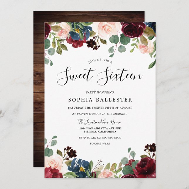 Convites Partido Rustic Wood Red Burgundy Floral Sweet 16 (Frente/Verso)