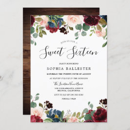 Convites Partido Rustic Wood Red Burgundy Floral Sweet 16