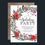 Convites Partido Rustic Wreath Holiday<br><div class="desc">Linda poinsettia vermelha de aquarela,  coroa oca-branca e coroa-pinheira,  coroa cortada com madeira marrom para um toque rústico.</div>