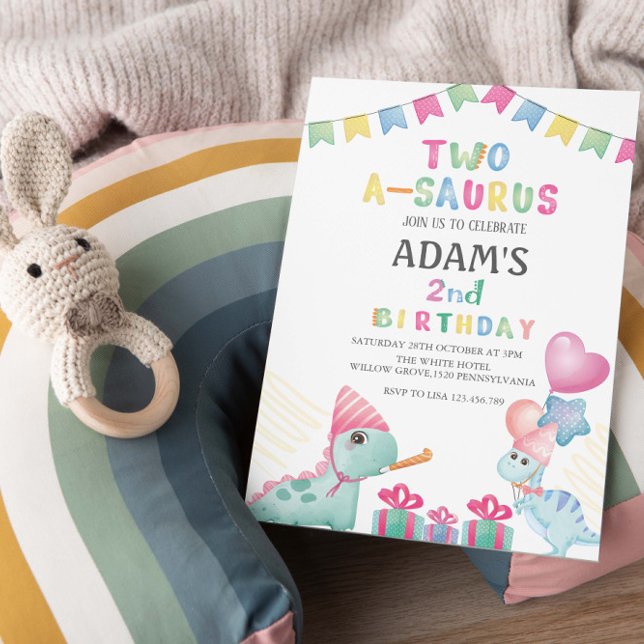 Convites Partido segundo aniversário Dois Dinossauro Azul (Criador carregado)