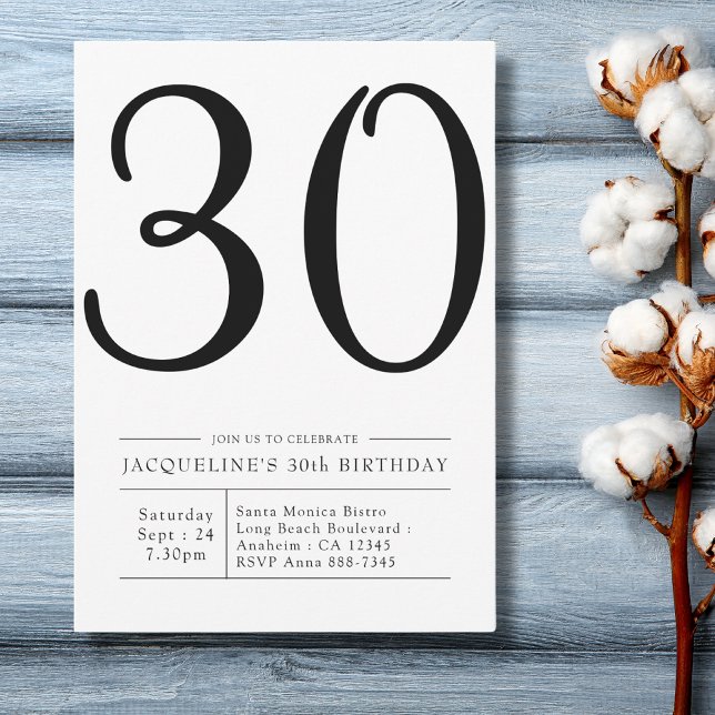 Convites Partido Simples Elegante 71 aniversário de 30 anos (modern simple black and white 30th birthday invitation on a blue wood background.)