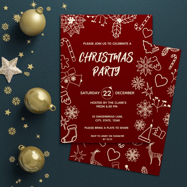 Convites Partido Simples Moderno Vermelho Escuro e Elegante (Simple Modern Dark Red and Gold Elegant Xmas Party Invitation)