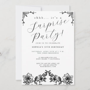 Convites Partido Surpresa de Script Preto Elegante