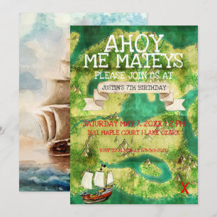 Convites Partido Tema Pirata   Mapa do tesouro de aquarela