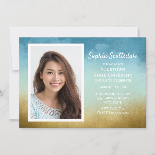 Convites Partido Trunk Dorm Chá Sky Blue Dourado Photo Girl (Frente)