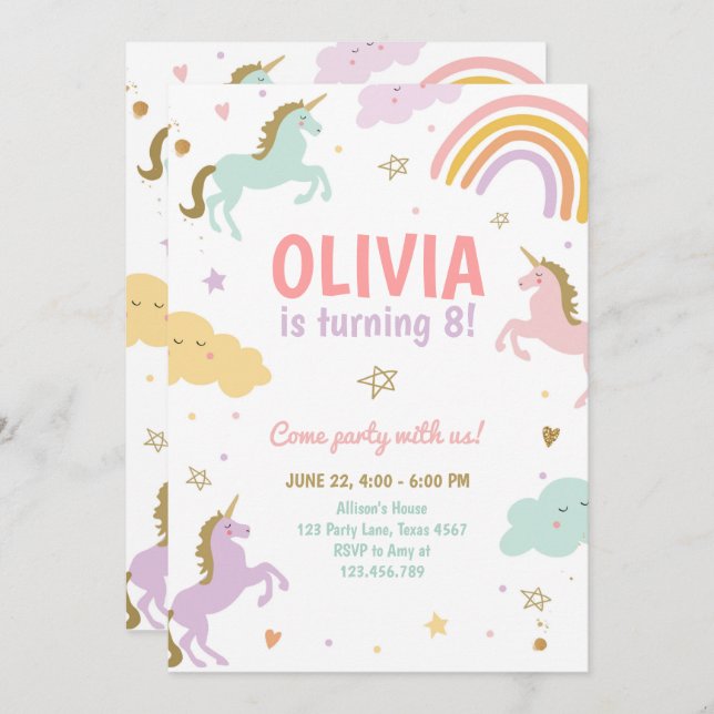 Convites Partido Unicórnio - Arco-Íris Mágico Unicórnio Nas (Frente/Verso)
