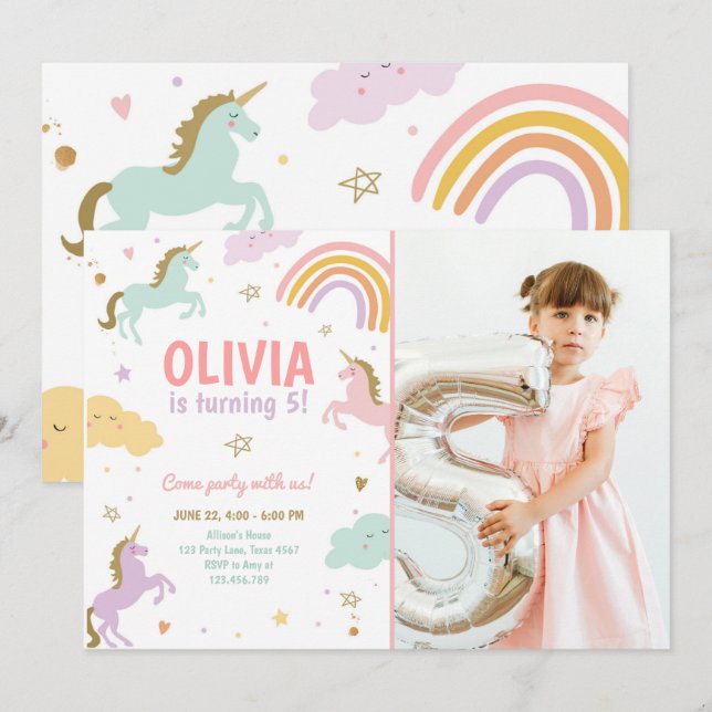 Convites Partido Unicórnio - Arco-Íris Mágico Unicórnio Nas (Frente/Verso)