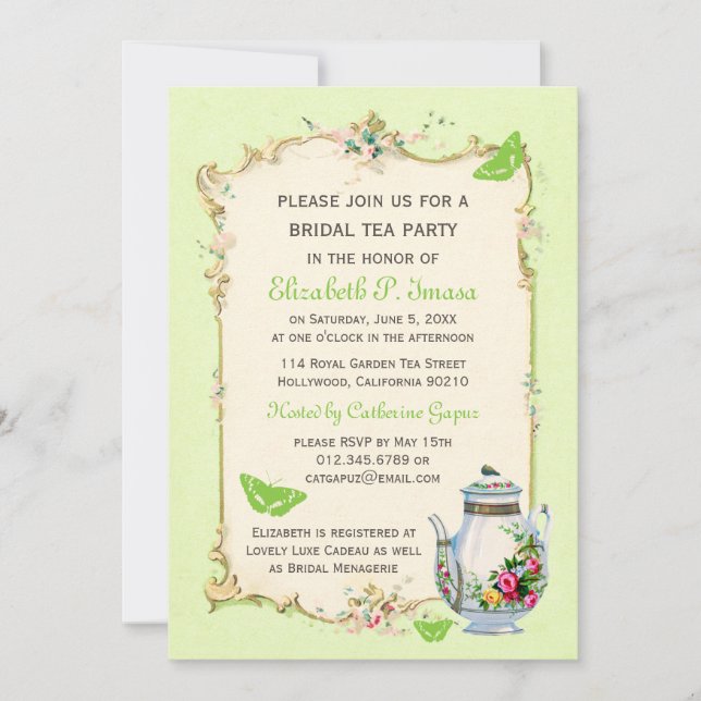 Convites Partido Verde Vintage Bridal Tea (Frente)