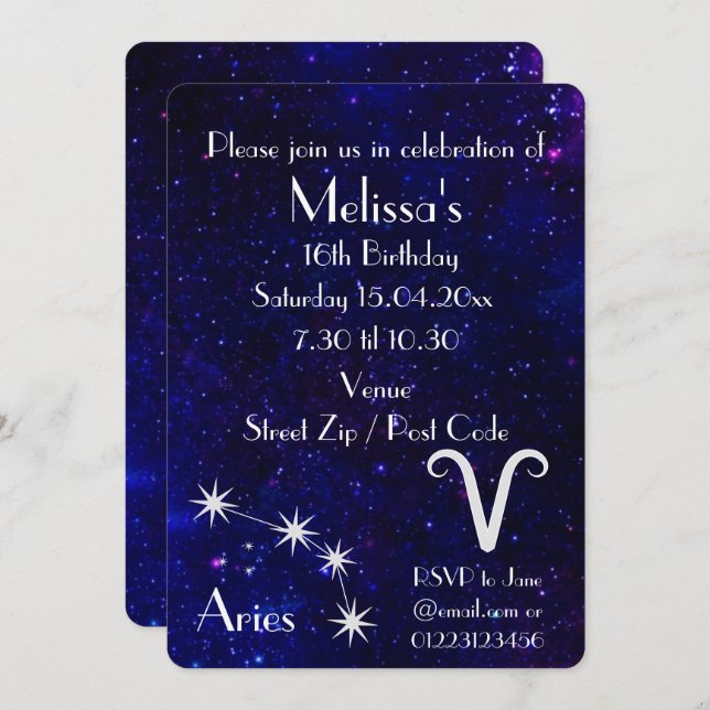 Convites Partido Zodiac Galaxy de Aries Personalizados (Frente/Verso)