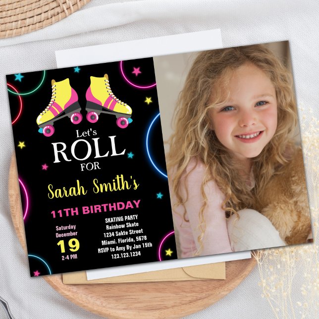 Convites Parto Amarelo-Negro Pink Patinando com Foto (Black Yellow Pink Skating Birthday with Photo Invitation)