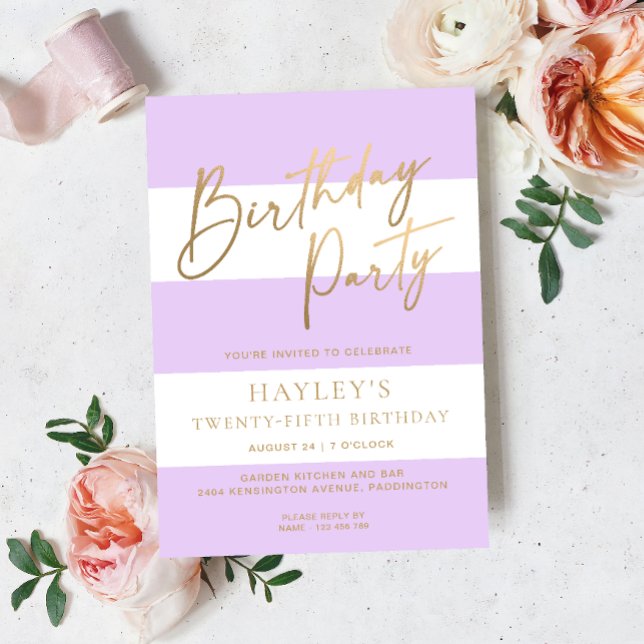 Convites Parto Roxo Leve Dourado Aniversário (Birthday Party Invitation Stripe )