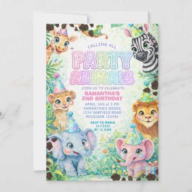Convites Party Animals Birthday Colorful Rainbow  (Frente)