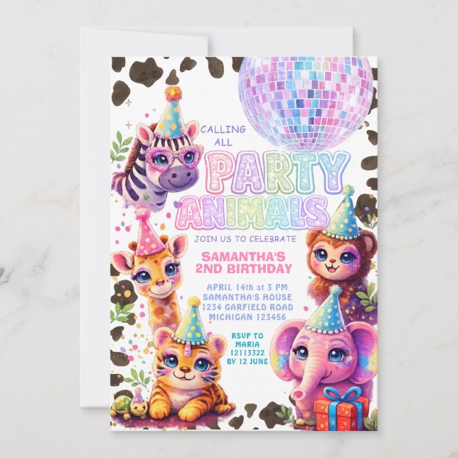 Convites Party Animals Birthday Invitation | Rainbow Disco (Frente)