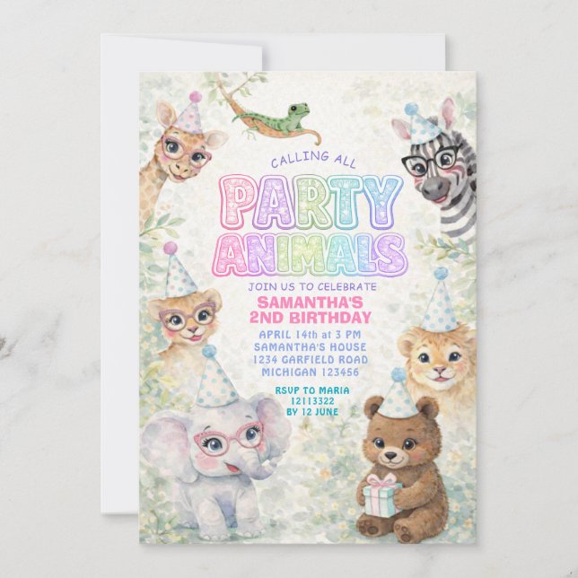 Convites Party Animals Birthday Invitation | Rainbow Safari (Frente)