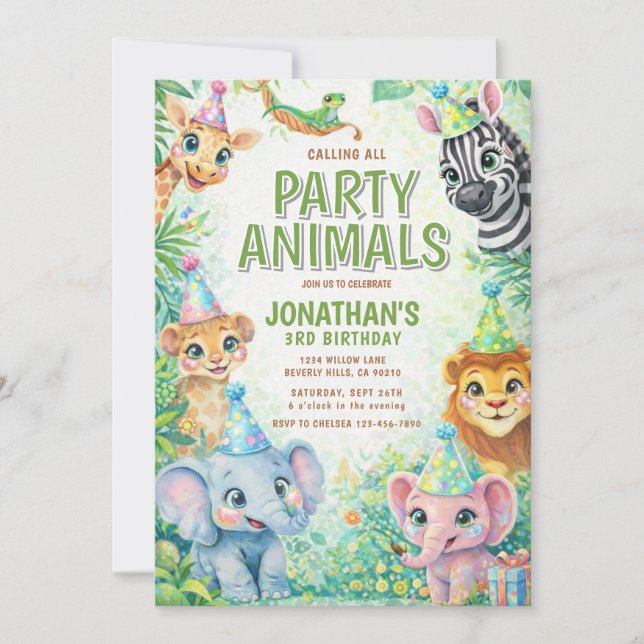 Convites Party Animals Birthday Invitation | Safari Animal  (Frente)