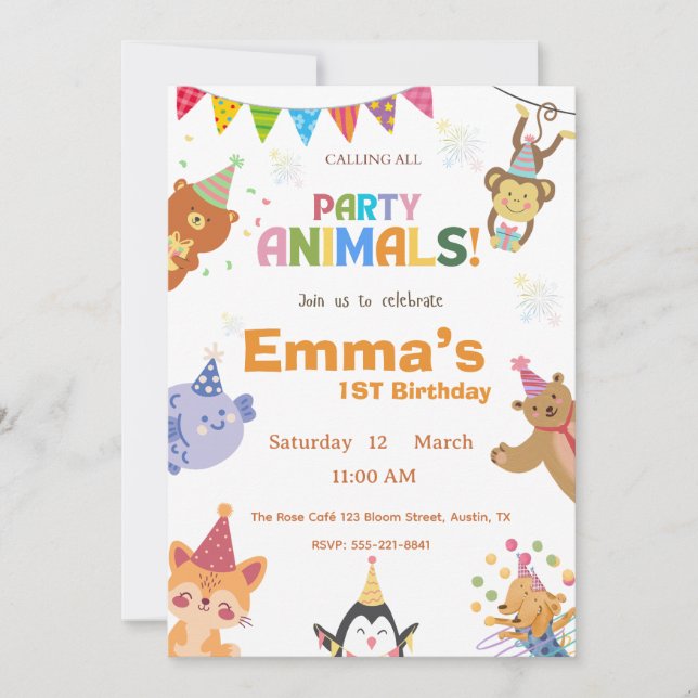Convites Party Animals First Birthday Invitation  (Frente)