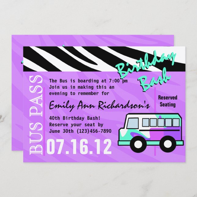 Convites Party Bus Birthday Bash (Frente/Verso)