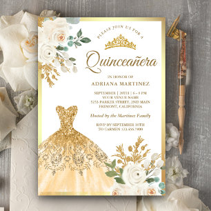 Convites Parvoíce Ivory Dourada Quinceanera Floral