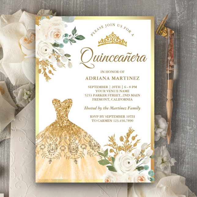 Convites Parvoíce Ivory Dourada Quinceanera Floral (Criador carregado)