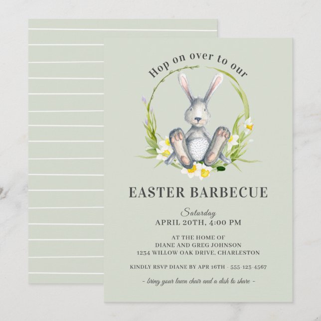 Convites Páscoa Barbecue Cute Bunny Floral (Frente/Verso)