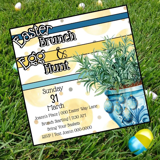 Convites Páscoa Brunch e Festa de Caça de Ovo (Bondi blue and yellow Easter Brunch and Egg Hunt customizable party invitations for Easter Sunday. )