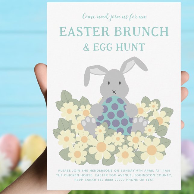 Convites Páscoa Brunch e Ovo Caça Coelhinho Floral (Easter brunch and egg hunt cute bunny spring floral invitation yellow purple teal green)