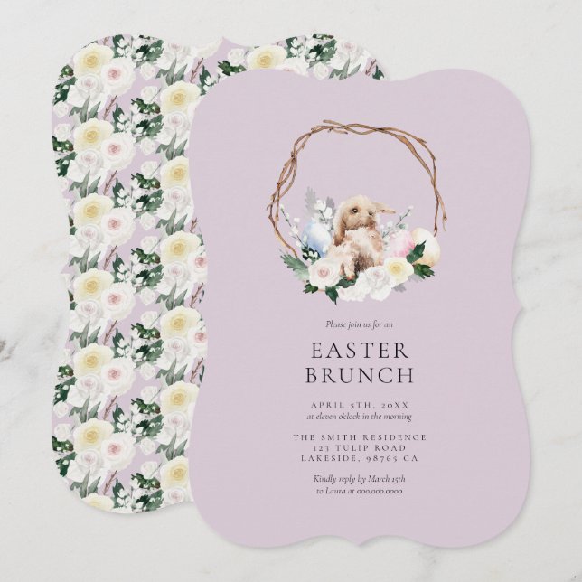Convites Páscoa Brunch Floral Bunny Wreath (Frente/Verso)