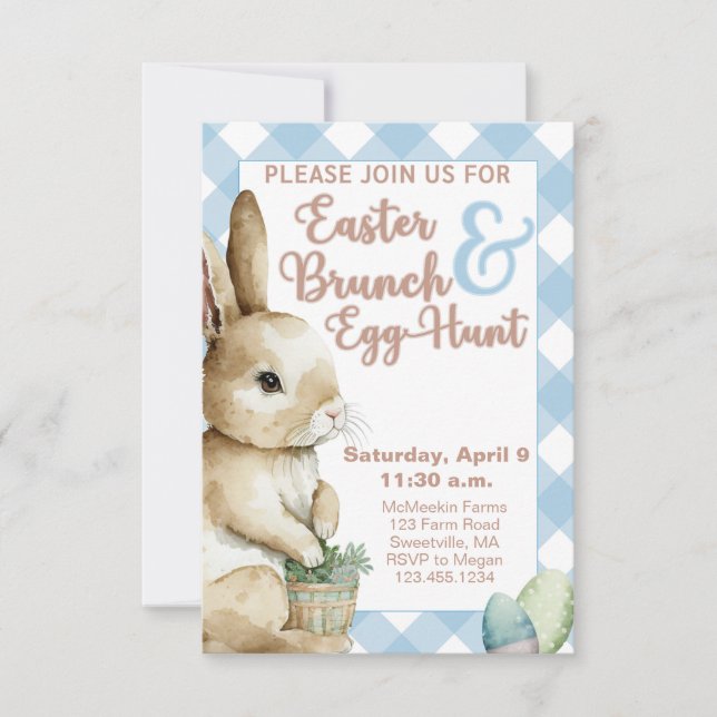 Convites Páscoa Brunch Invitation, Blue Gingham, Watercolor (Frente)