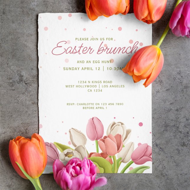 Convites Páscoa Brunch - Tulipas Brancas Rosa Flores de Mol (Easter Brunch Pink White Tulips Spring Flowers Invitation by Ricaso. Easter egg hunt and brunch card)