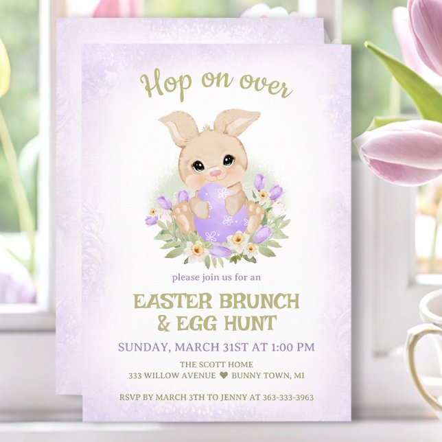 Convites Páscoa Brung Caça Púrpura Coelhinho (Easter Brunch Egg Hunt Purple Cute Bunny Invitation)