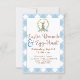 Convites Páscoa Brunt & Egg Hunt Rabbit Gingham Xadrez Blue