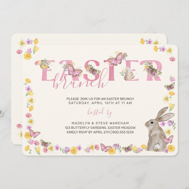 Convites Páscoa Bunny e Butterfly Dathur Floral Brunch (Frente/Verso)