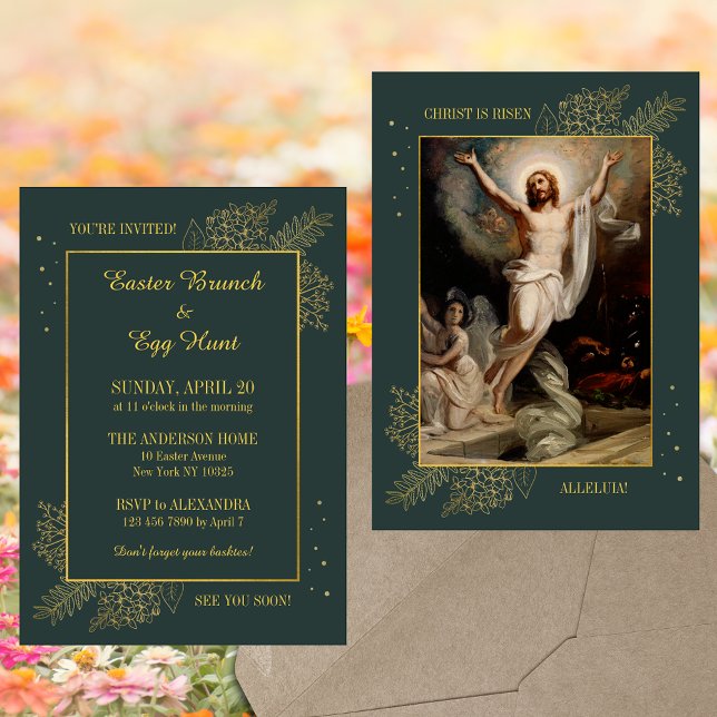 Convites Páscoa Católica Elegante Brunch Caça de Ovo (Elegant Religious Christian Catholic Resurrection Christ is risen Easter Brunch Egg Hunt Invitation)