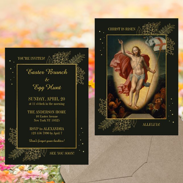 Convites Páscoa Cristã Elegante Brunch Caça de Ovo (Elegant Religious Painting Christian Catholic Easter Resurrection Jesus Brunch Egg Hunt Invitation)