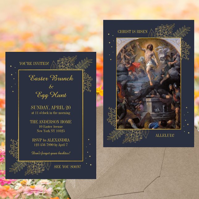 Convites Páscoa Cristã Elegante Brunch Caça de Ovo (Baroque Elegant Religious Christian Catholic Resurrection of Jesus Easter Brunch Egg Hunt Invitation)