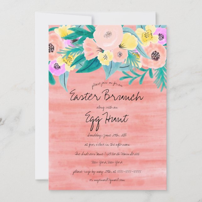 Convites Páscoa de Aquarela Amarela Elegante Coral (Frente)