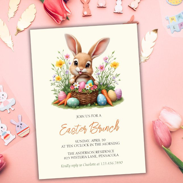 Convites Páscoa de coelho coelho moderno e bonito Brunch (Charming Easter Brunch Invitation with Bunny, Eggs, and Spring Flowers)